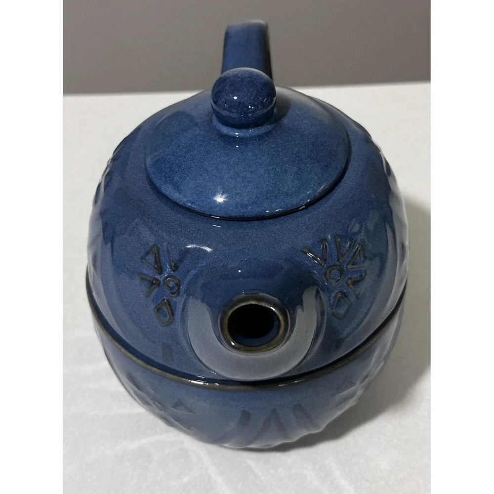 Pier 1 Blue Glazed Stoneware Teapot for One Set Cup w Lid Embossed Floral Boho